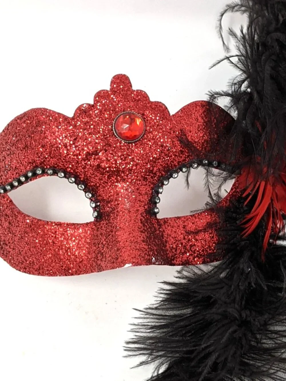 Masquerade Face Mask Red Glitter Venezia Italy black feathers Costume Ball